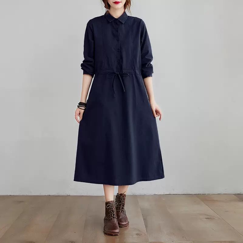 Váy Sơ Mi Dài Tay Cổ Đức Màu Navy