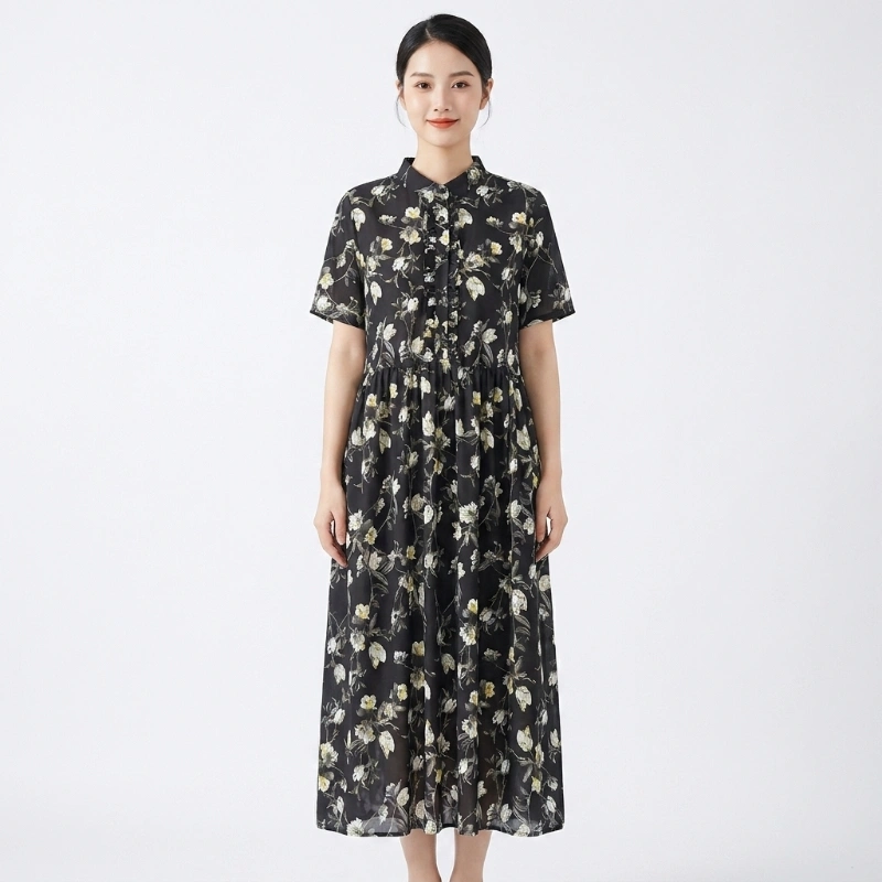 Đầm Maxi Hoa Nền Đen Cổ Sơ Mi
