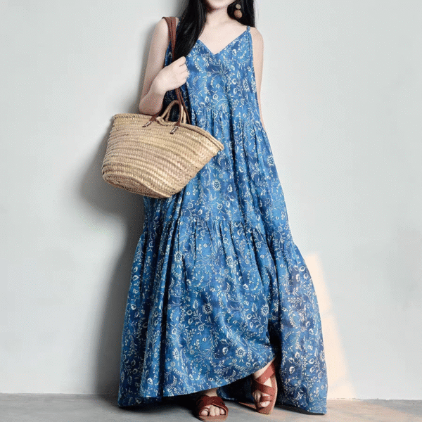 Đầm Maxi Hoa Xanh Vintage Hai Dây