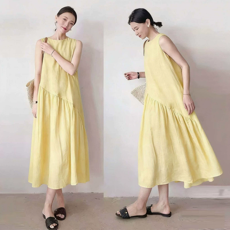 Đầm Suông Sát Nách Bèo Tầng Vàng Pastel