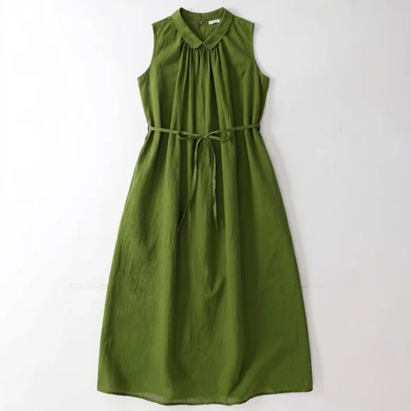 Đầm Xanh Olive Không Tay Cổ Sen Thắt Eo