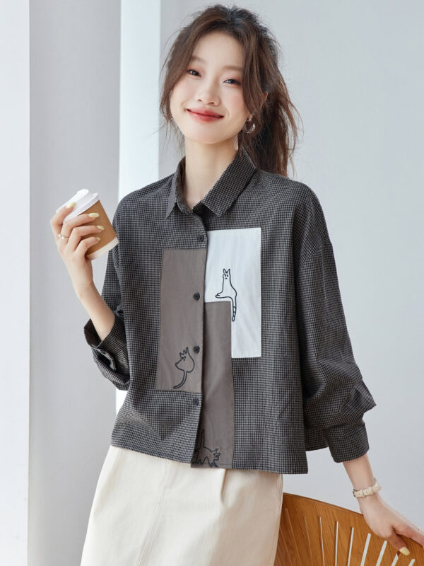 Áo Sơ Mi Nữ Caro Mèo Phối Mảng Tối Giản Thanh Lịch
