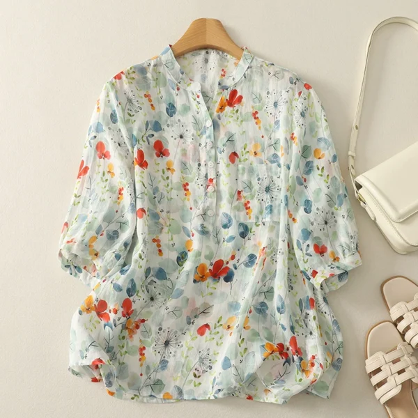 Áo Sơ Mi Nữ Cổ Trụ Hoa Bồ Công Anh & Cỏ