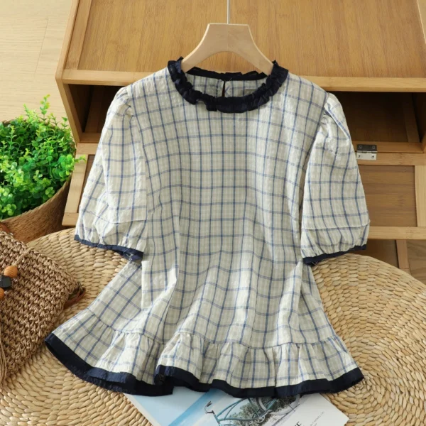 Áo Sơ Mi Nữ Kẻ Caro Vintage Viền Nhún Xanh Navy
