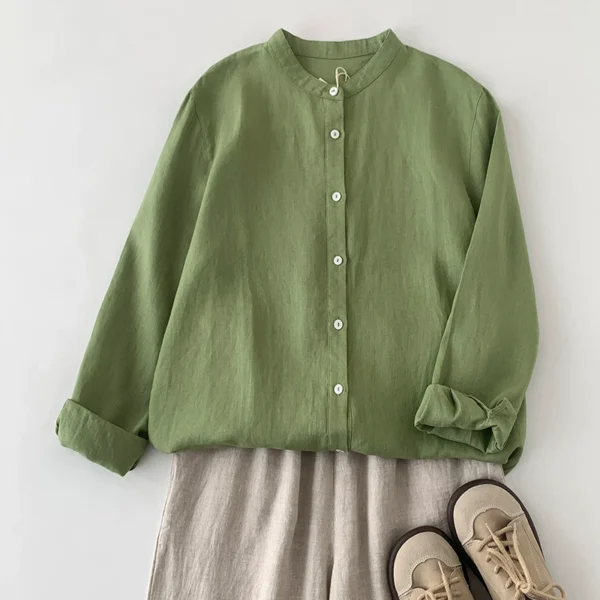 Áo Sơ Mi Xanh Olive Cổ Trụ Phong Cách Nhật