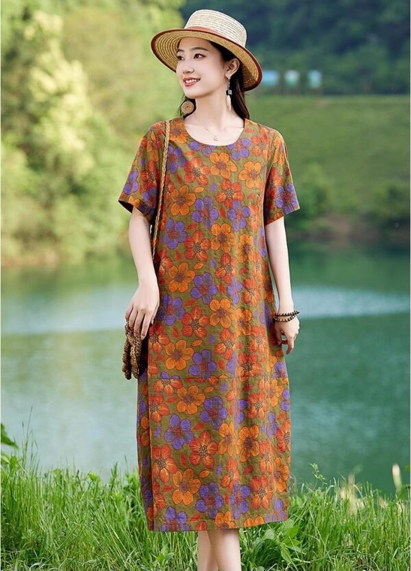 Đầm Maxi Họa Tiết Hoa Cúc Vạn Thọ Màu Cam