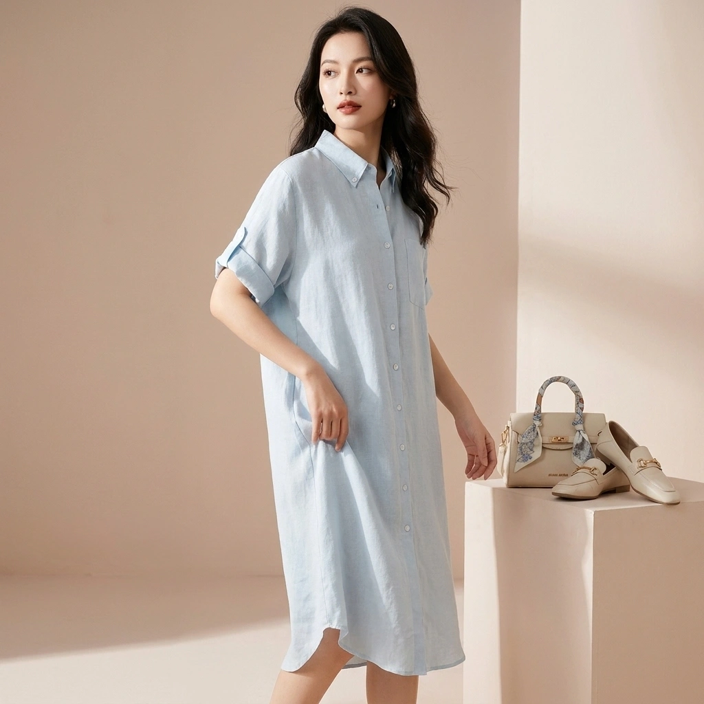 Đầm Sơ Mi Tay Lỡ Túi Ngực Chất Đũi Lạnh Mát Đầm Sơ Mi Tay Lỡ Túi Ngực Chất Đũi Lạnh Mát
