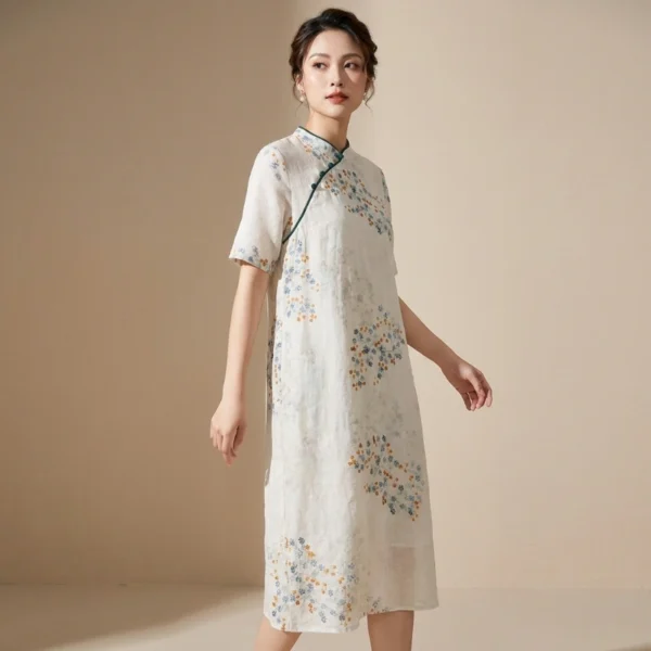 Váy Suông Cổ Tàu Họa Tiết Hoa Cúc Họa Mi