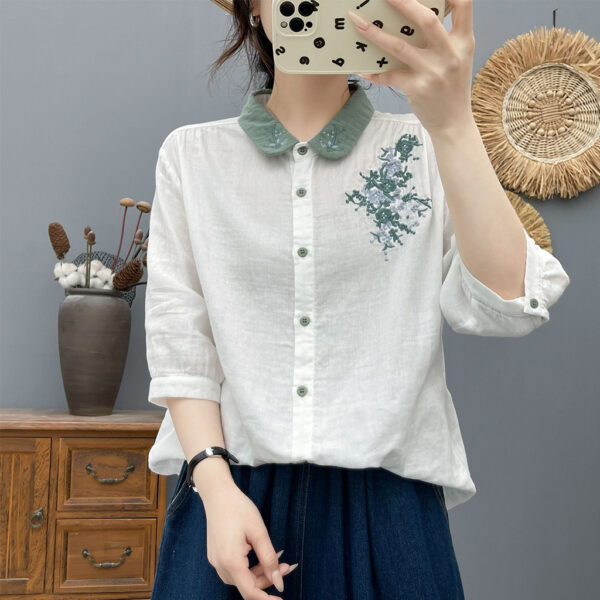 Áo Sơ Mi Nữ Cổ Phối Xanh Thêu Hoa Dáng Suông Tay Lỡ