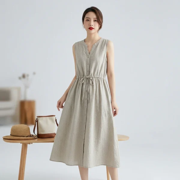 Đầm Đũi Cổ V Kẻ Sọc Tăm Dây Rút