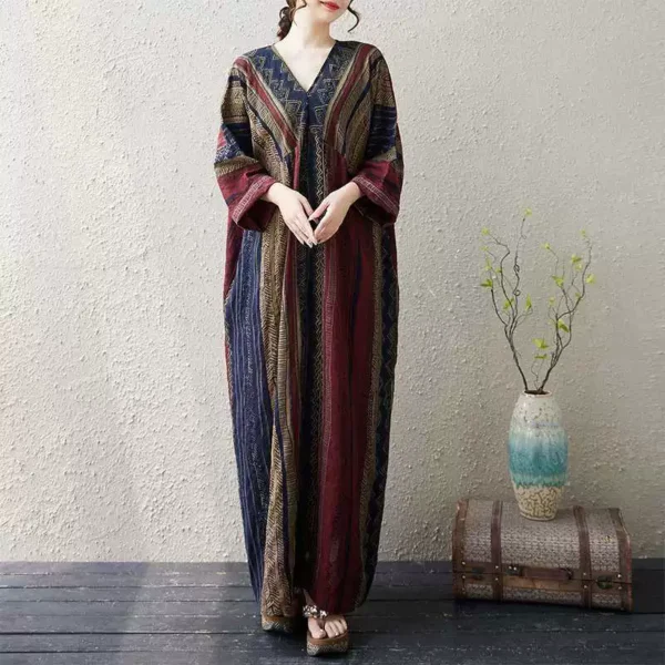 Đầm Kaftan Hoa Văn Thổ Cẩm Sọc