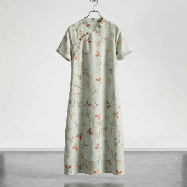 Đầm Linen Hoa Lá Cam Nhạt Cổ Tàu Thanh Lịch