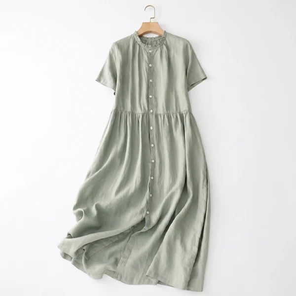 Đầm Linen Xanh Sage Cổ Nhún Tiểu Thư