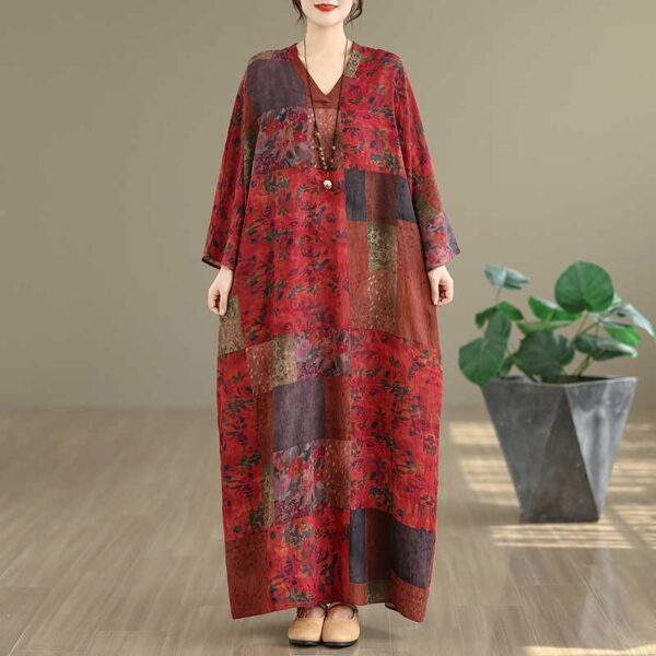Đầm Mộc Miên – Đỏ Họa Tiết Khảm Hoa