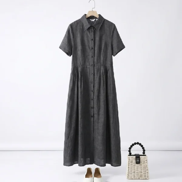 Đầm Sơ Mi Linen Dáng Dài Khuy Dọc – Xám Than