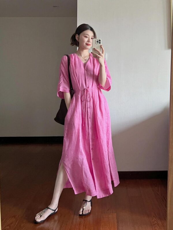 Đầm Sơ Mi Maxi Cổ Tim Hồng Rosé