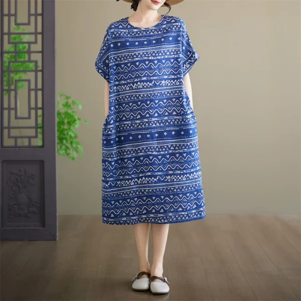 Đầm Suông Thổ Cẩm Sợi Tự Nhiên Xanh Indigo