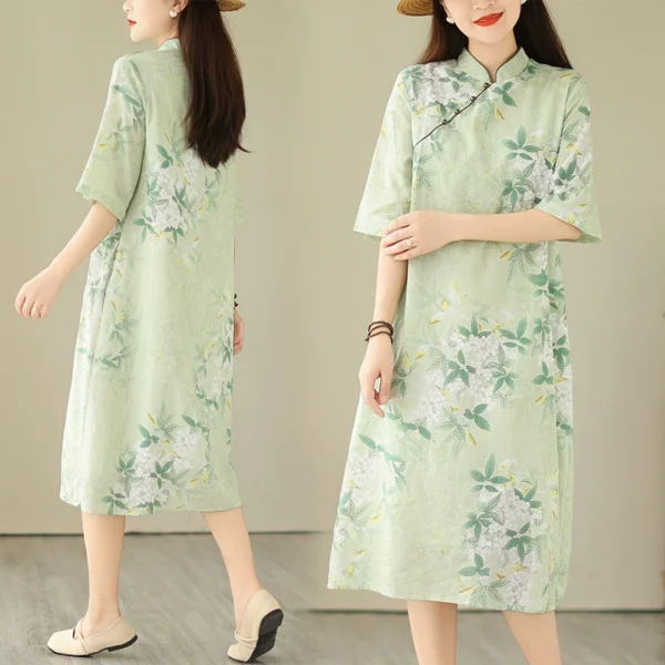 Đầm Linen Xanh Ngọc Hoa Trắng Cổ Tàu Thanh Nhã