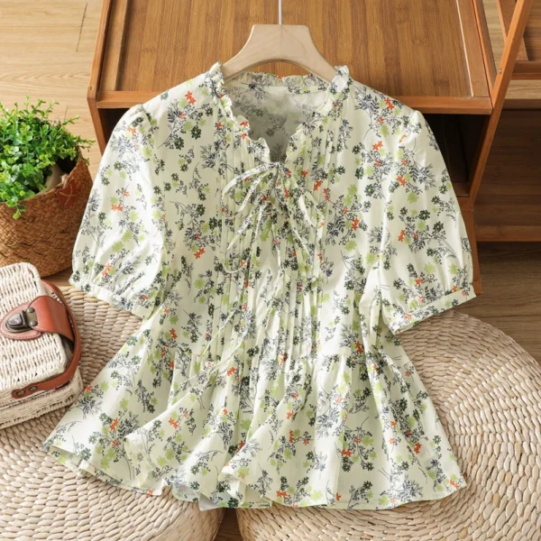 Áo Sơ Mi Hoa Nhí Cổ Bèo Thắt Nơ