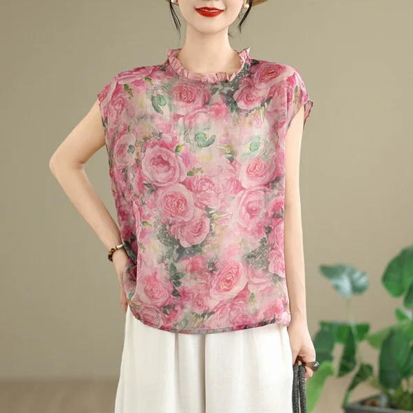 Áo Sơ Mi Nữ Họa Tiết Hoa Hồng Cài Sau Cổ Bèo