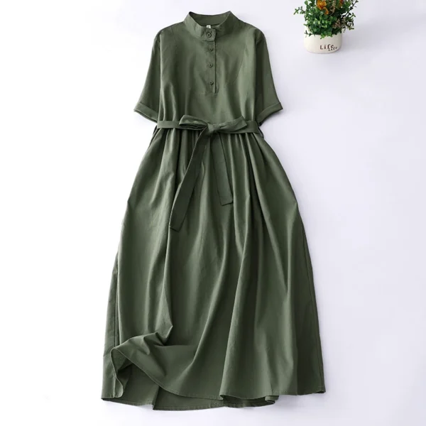 Đầm Midi Xanh Olive Cổ Trụ Thắt Eo Thanh Lịch