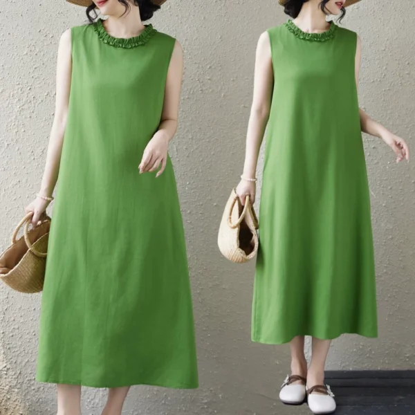 Đầm Suông Sát Nách Cổ Bèo Nhún Màu Xanh Matcha