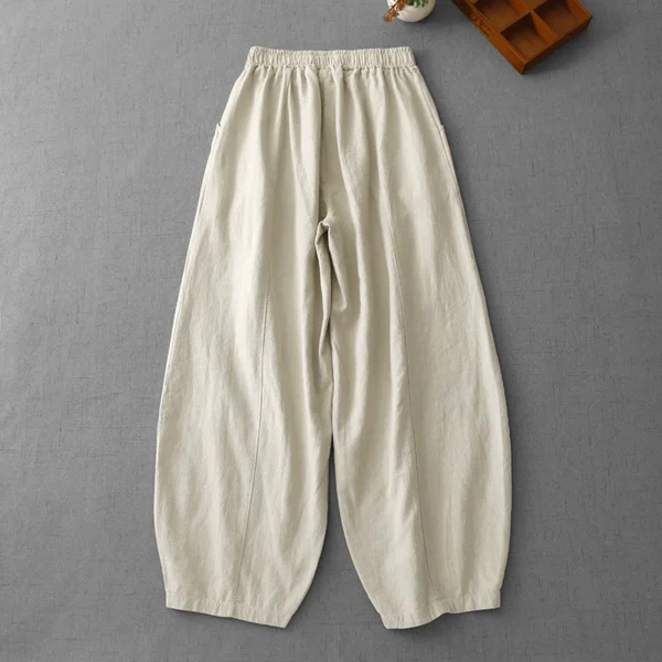 Quần Bom Linen Nữ Ống Rộng Bo Gấu Vải Đũi Xước