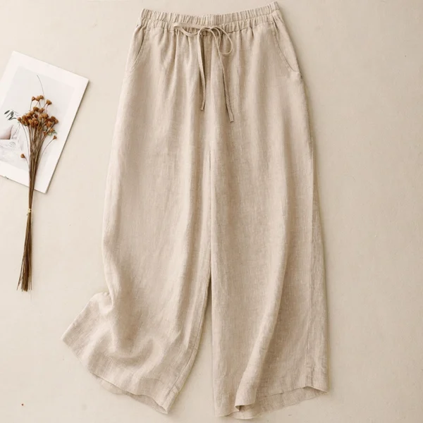 Quần Đũi Ống Rộng Nữ Cạp Chun Có Dây Rút Màu Beige