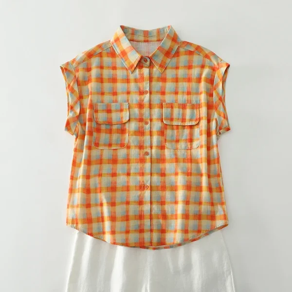 Áo Sơ Mi Linen Cổ Bẻ Tay Cánh Dơi Caro Cam