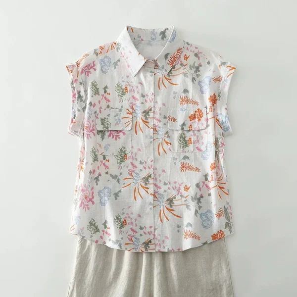 Áo Sơ Mi Linen Cổ Bẻ Tay Cánh Dơi Hoa Cỏ Pastel