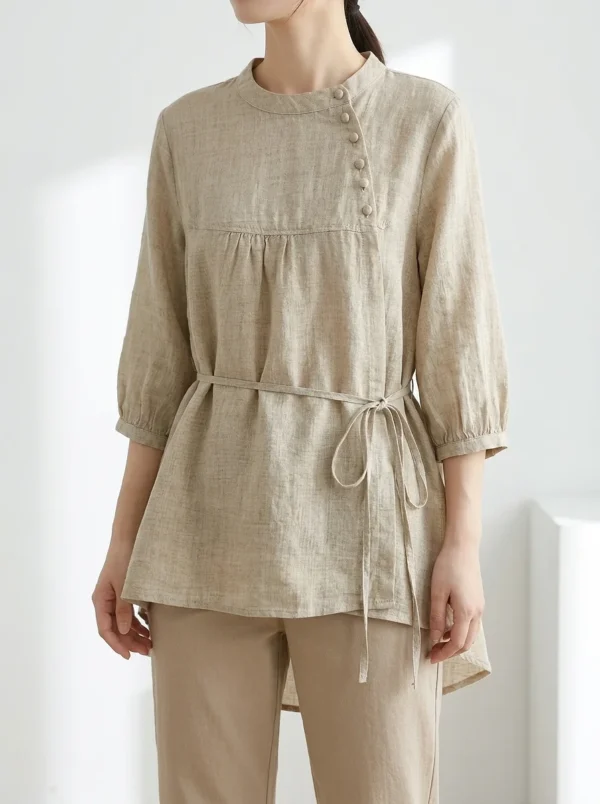 Áo Sơ Mi Linen Cổ Tàu Vạt Chéo Màu Yến Mạch