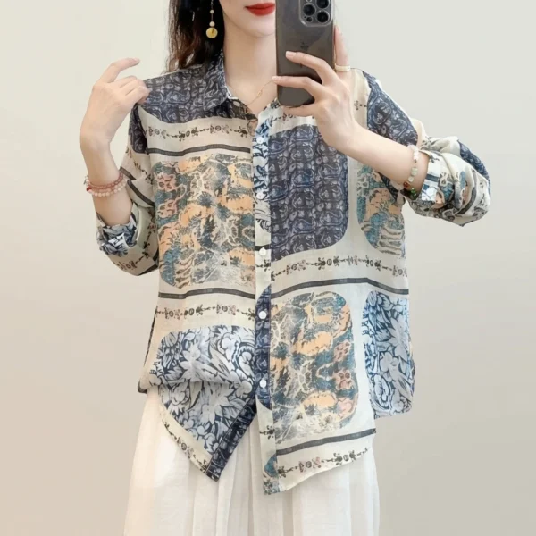 Áo Sơ Mi Nữ Vải Gai Ramie Họa Tiết Tranh Men