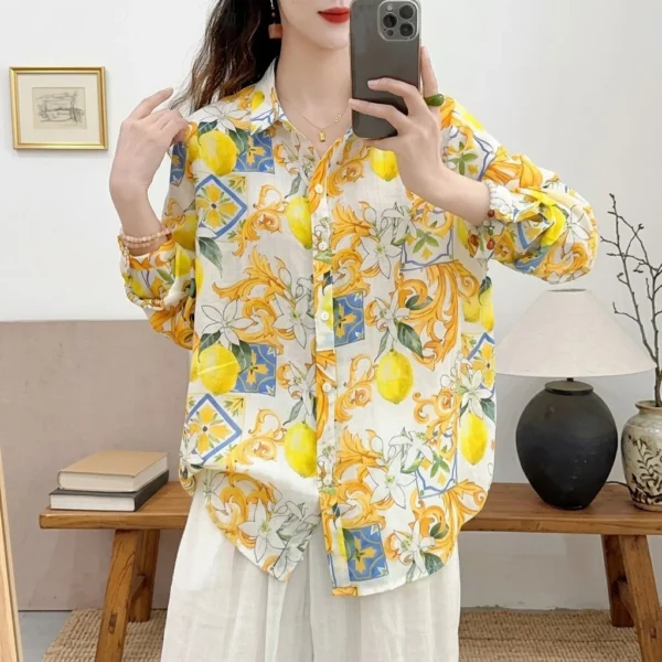 Áo Sơ Mi Vàng Chanh Hoa Văn Cổ Điển
