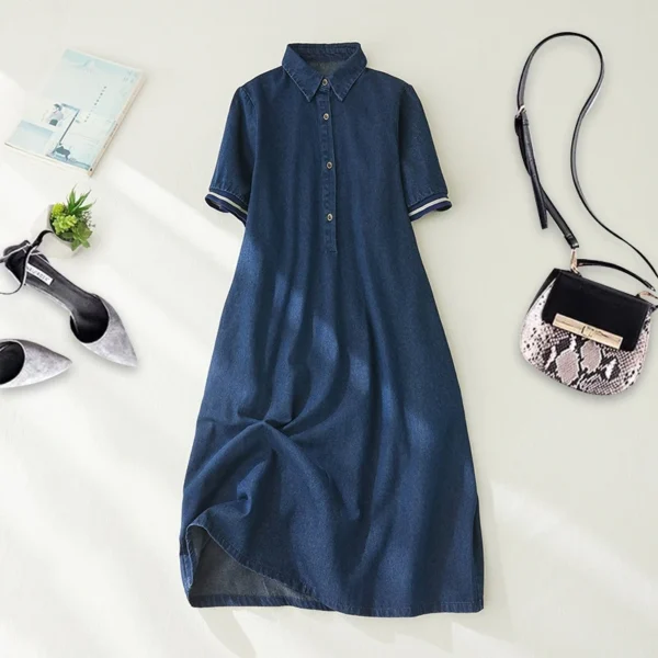 Đầm Denim Linen Cổ Sơ Mi Suông Dài