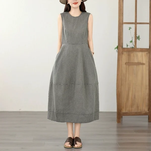 Đầm Linen Caro Nhí Sát Nách Dáng Xòe