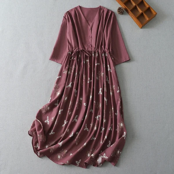 Đầm Linen Cổ Chữ V Dây Rút Hoa Nhí Mận Hồng