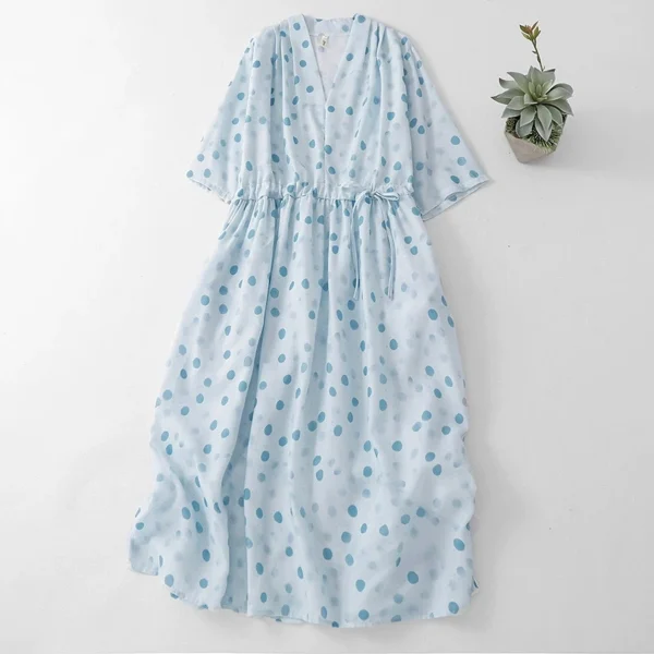 Đầm Linen Cổ Chữ V Dây Rút Họa Tiết Chấm Lam