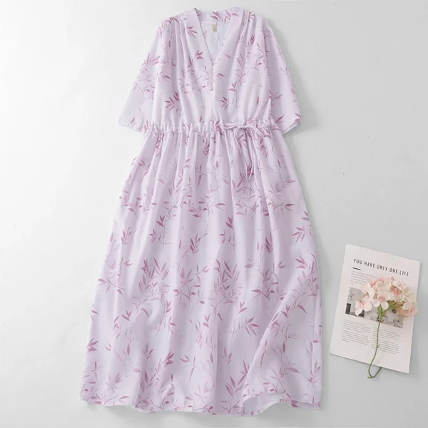 Đầm Linen Cổ Chữ V Dây Rút Họa Tiết Trúc Hồng