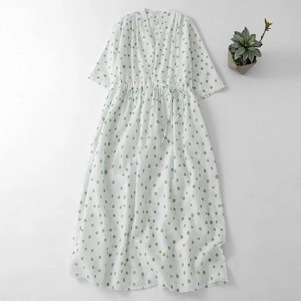 Đầm Linen Cổ Chữ V Họa Tiết Chấm Ngọc