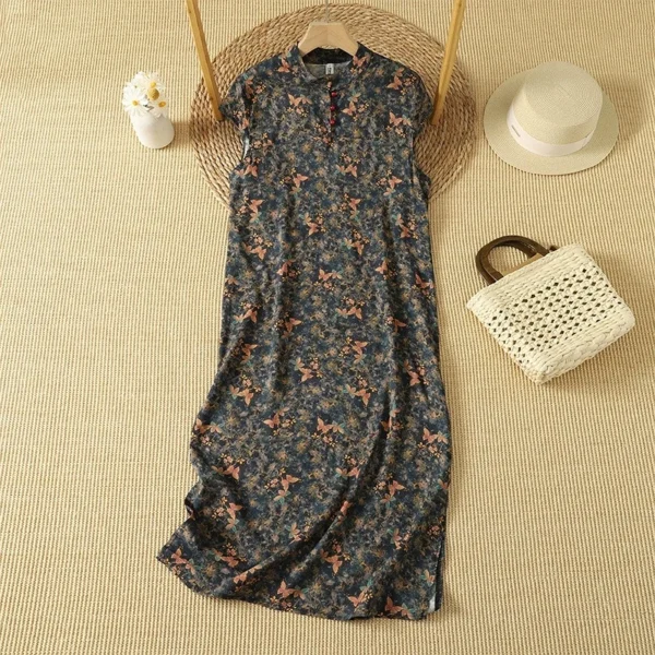 Đầm Linen Cổ Tàu Hoa Bướm Cổ Điển