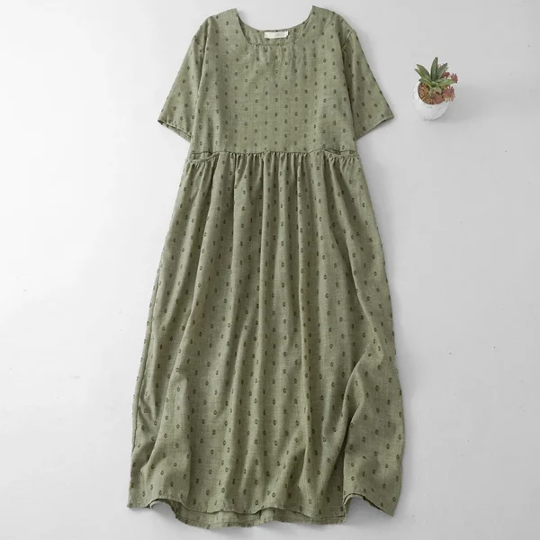 Đầm Linen Cổ Tròn Chấm Bi Giọt Rêu