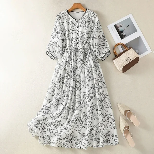 Đầm Linen Dây Rút Hoa Nét