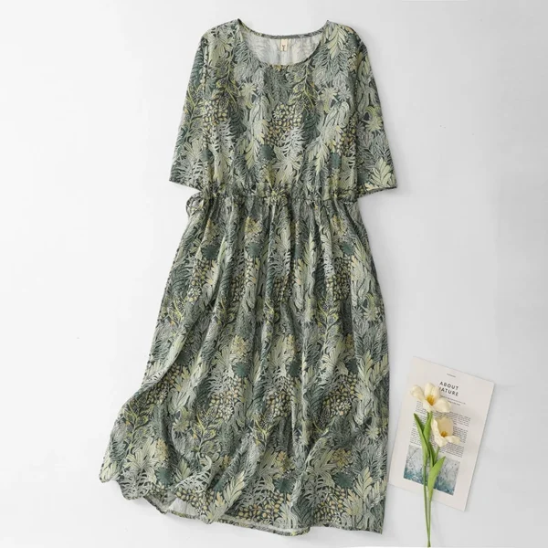 Đầm Linen Dây Rút Lá Rừng Xanh Rêu