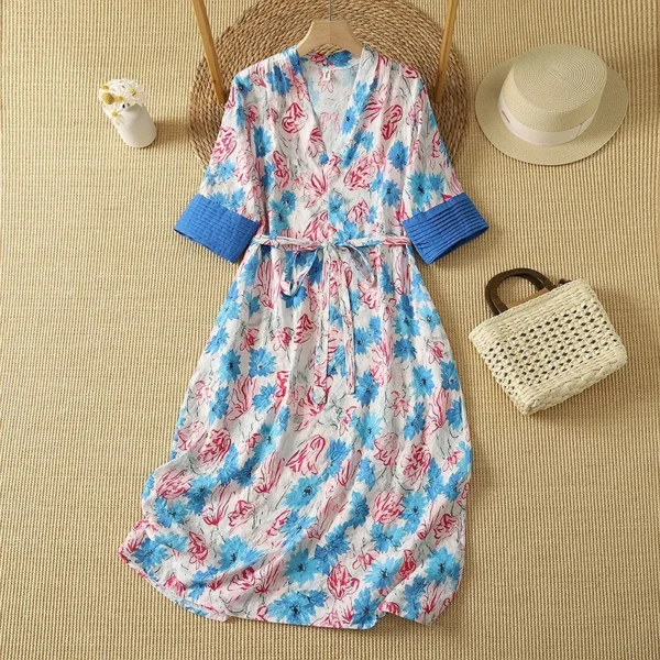 Đầm Linen Dây Thắt Hoa Dại Lam Hồng