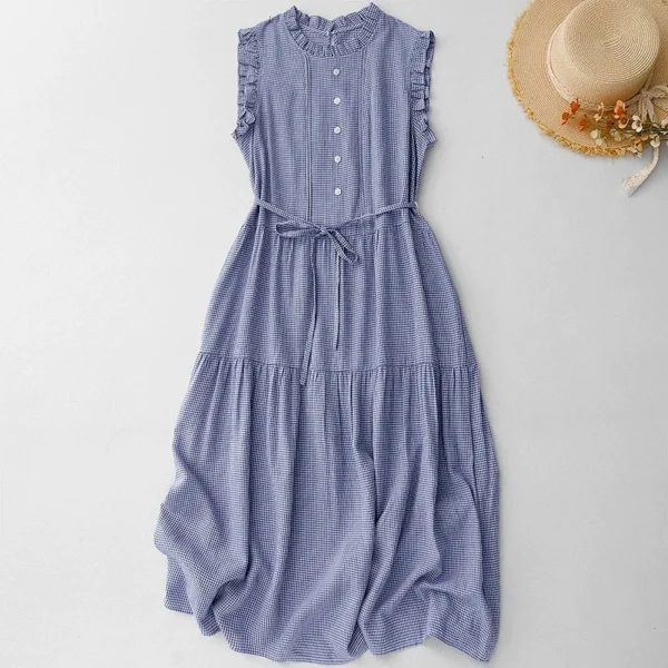 Đầm Linen Sát Nách Caro Lam Khói