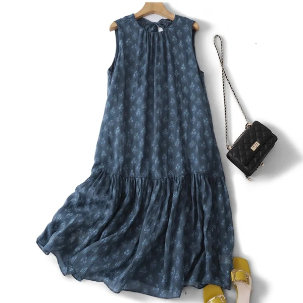 Đầm Linen Sát Nách Nơ Cổ Hoa Lam