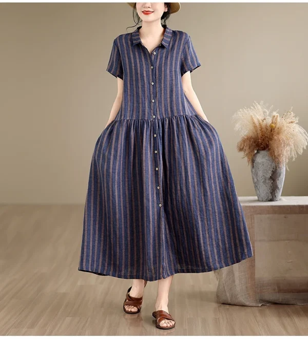Đầm Linen Sơ Mi Sọc Chàm Xanh