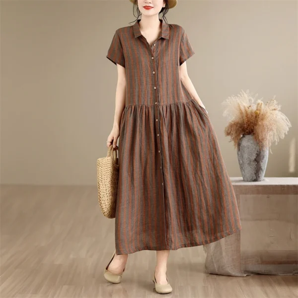 Đầm Linen Sơ Mi Sọc Gạch Nâu