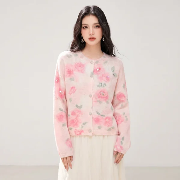 Áo Cardigan Len In Họa Tiết Hoa Hồng