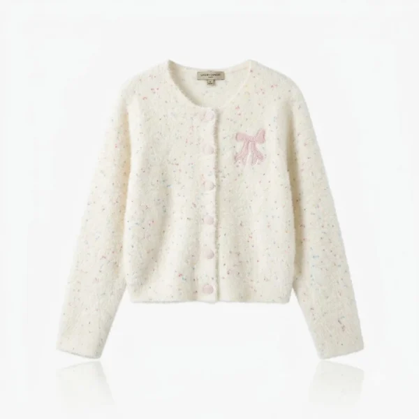 Áo Cardigan Len Lông Thêu Nơ – Trắng Confetti Ngọt Ngào